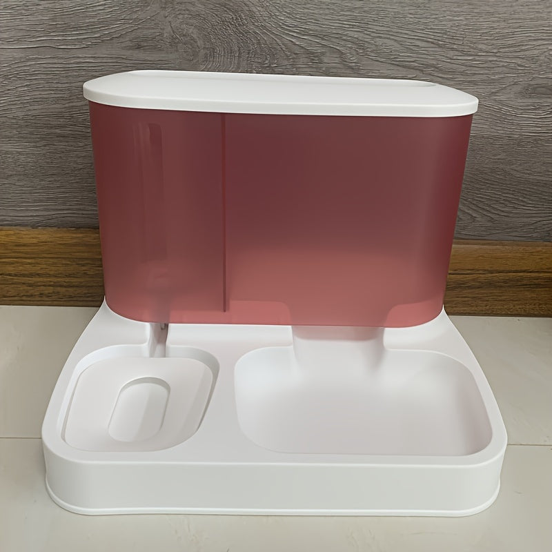 2-in-1 pet feeder and water dispenser, pink top with white base and two molded bowls.