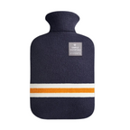 Navy knit hot water bottle cover with striped band and front label