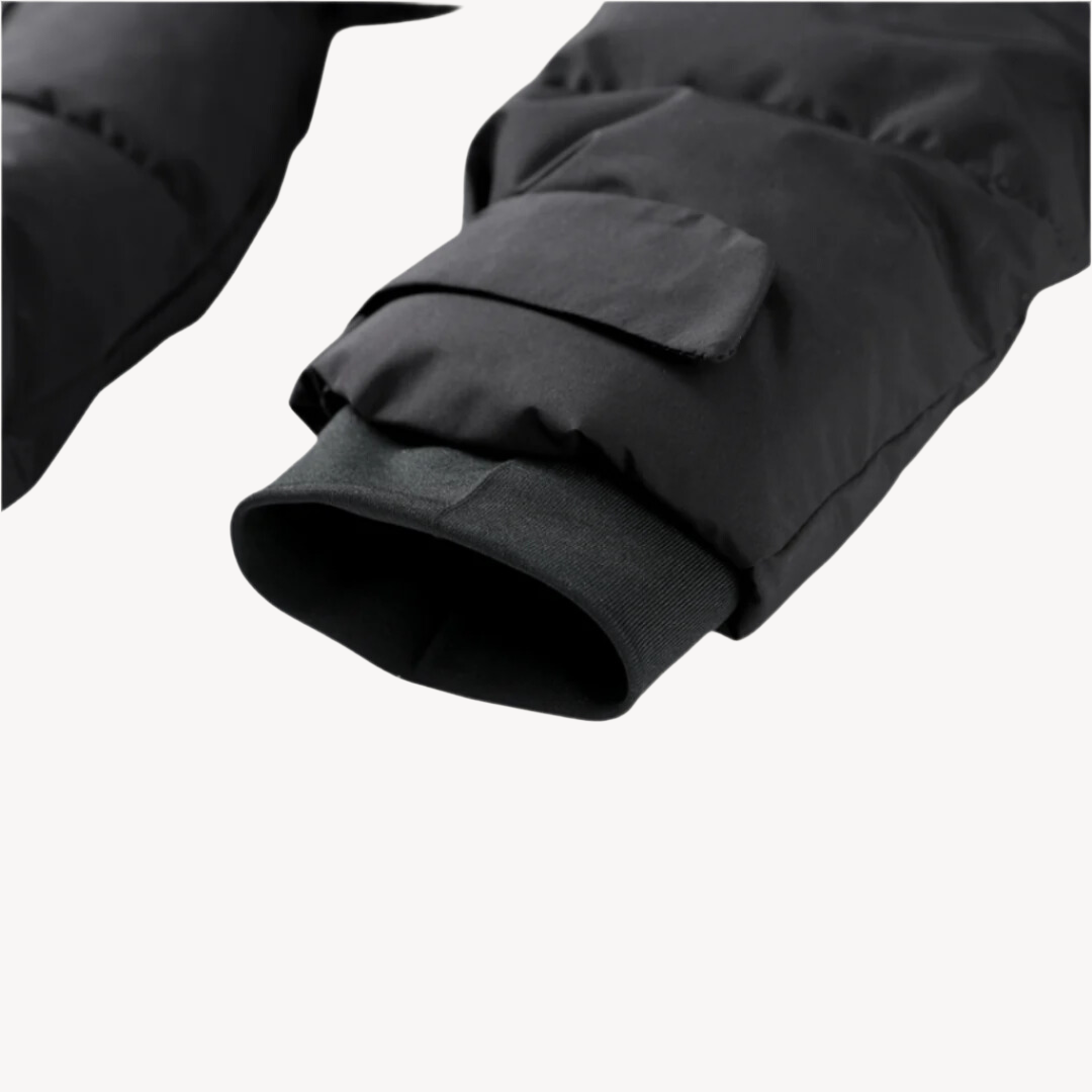 Black puffer jacket sleeve cuff with elastic knit trim