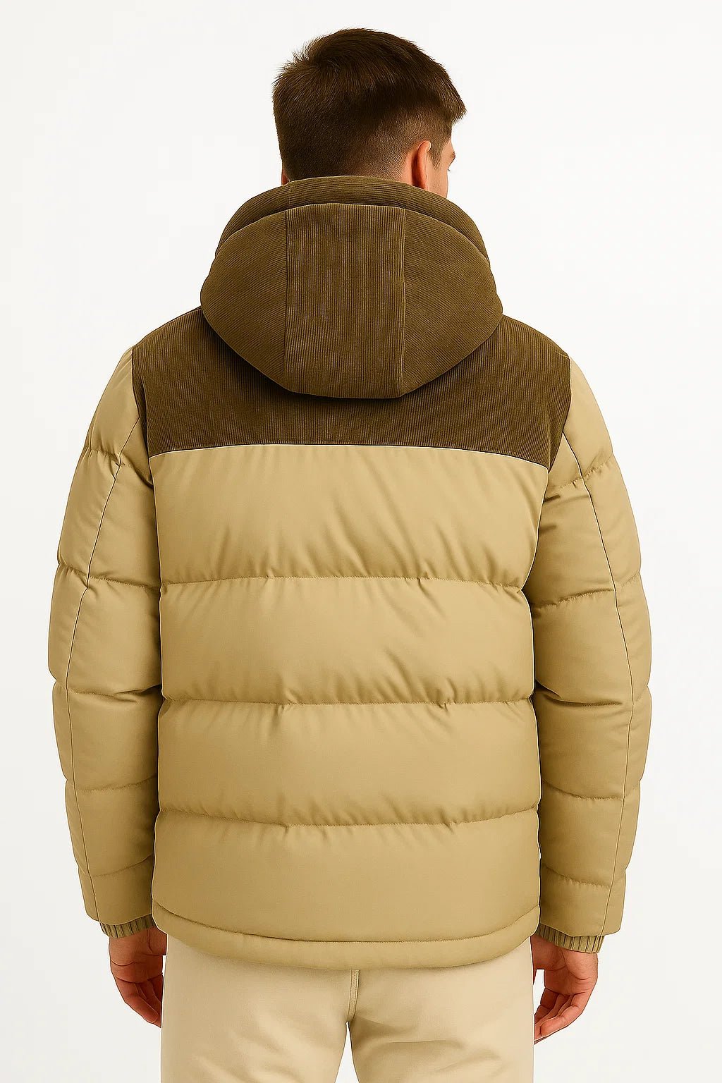 Light khaki hooded winter puffer jacket, full-zip, ribbed cuffs and side pockets
