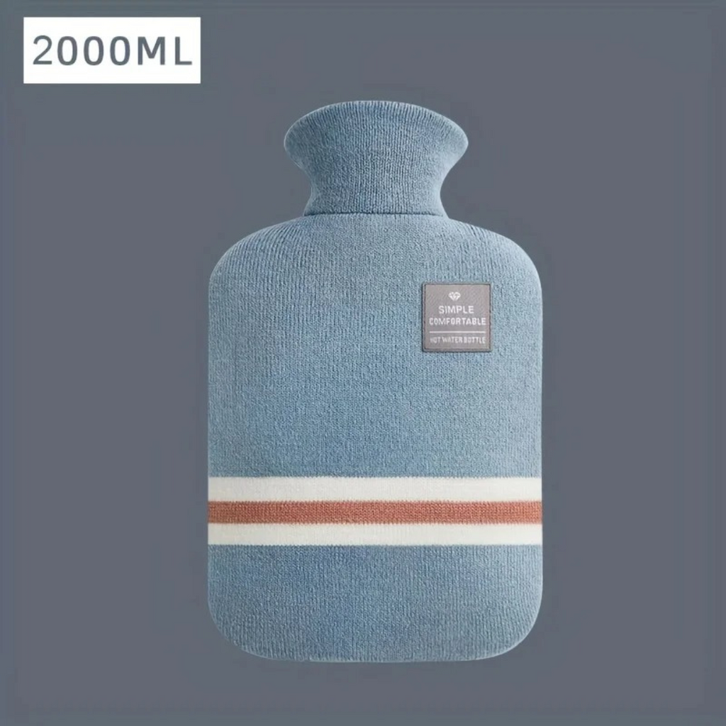 Light blue knit hot water bottle cover with striped band and label, 2000 mL