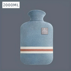 Light blue knit hot water bottle cover with striped band and label, 2000 mL