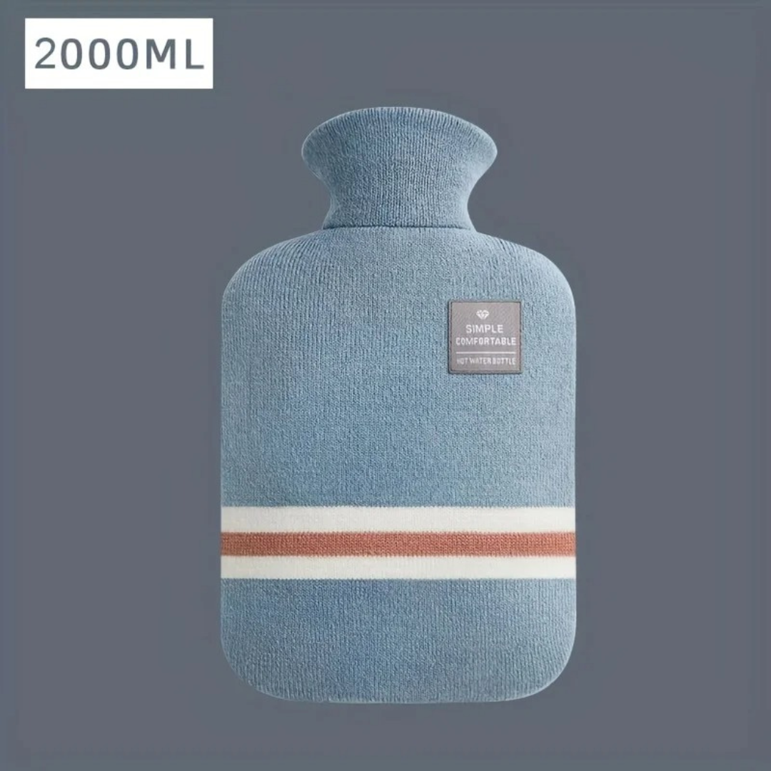 Light blue knit hot water bottle cover with striped band and label, 2000 mL