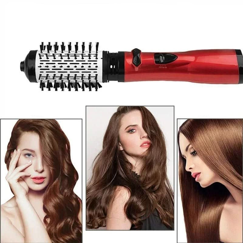 3-in-1 hot air hair brush dryer with red handle and round bristle attachment