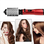 3-in-1 hot air hair brush dryer with red handle and round bristle attachment