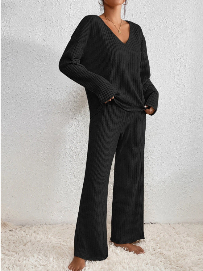 Amélis | Soft Knit Set for Women - V Neck Ribbed Sweater Trousers Relaxed Cosy Two Piece Fit-Loungewear set-Black-S-Camoufit