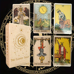 Classic tarot card set box with cards: The Moon, Strength, The Hanged Man, The Magician