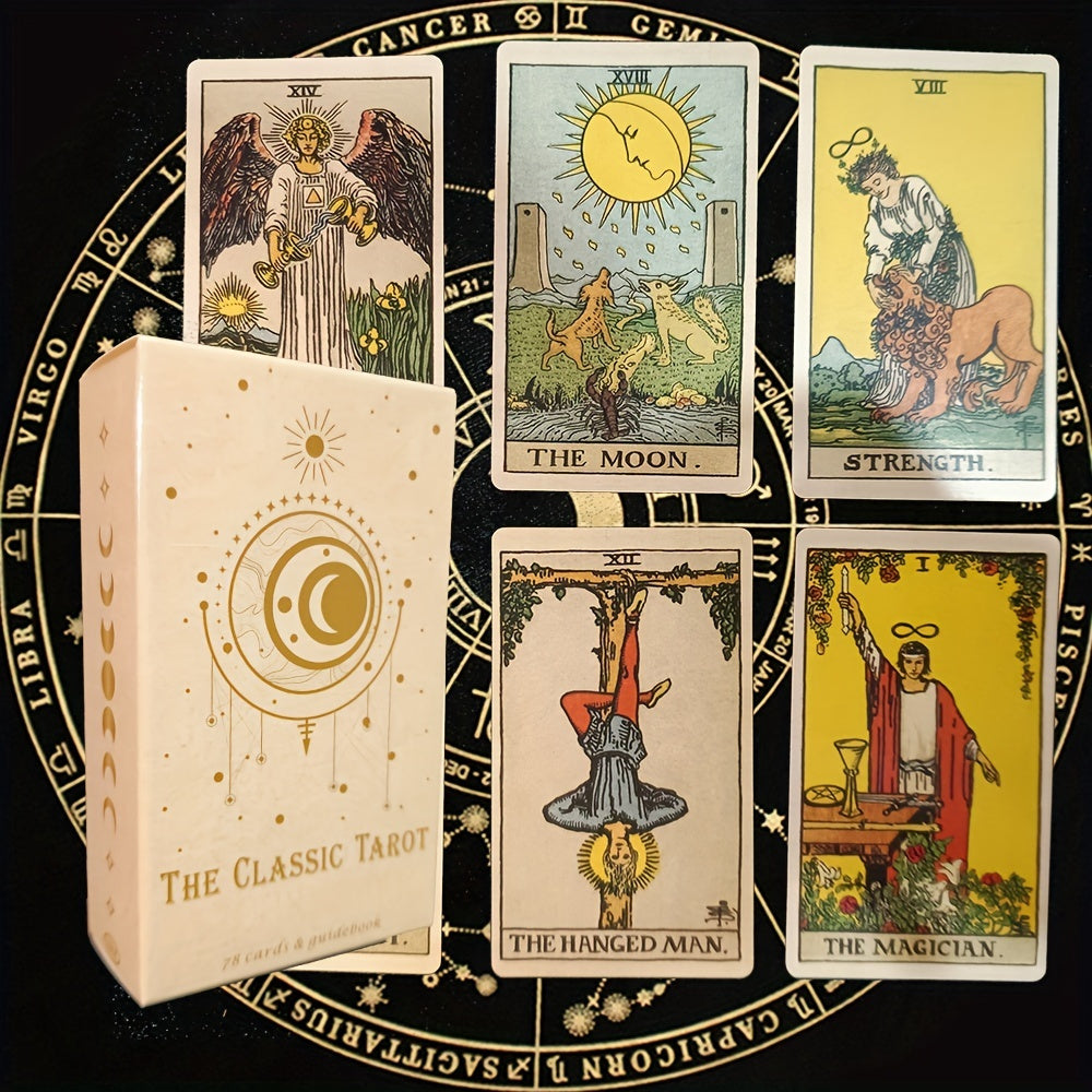 Classic tarot card set box with cards: The Moon, Strength, The Hanged Man, The Magician