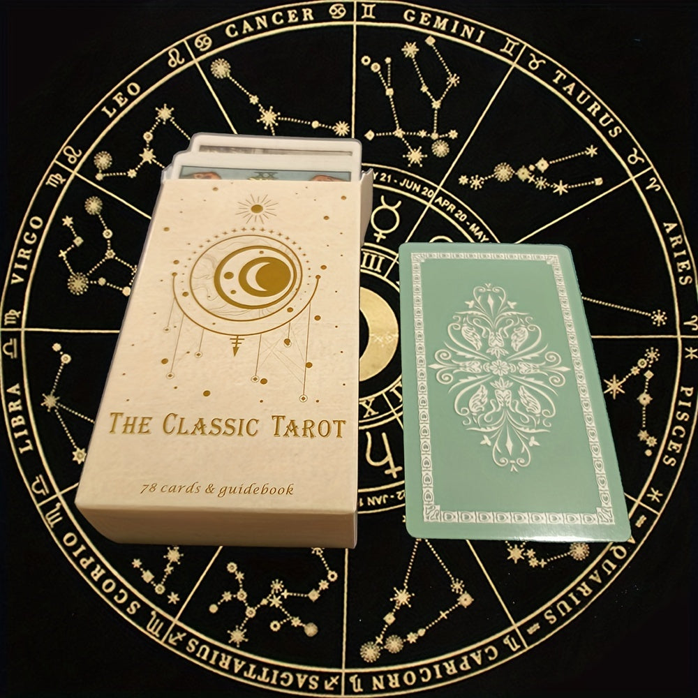 Classic tarot card set box with tarot cards, including The Moon and The Strength, plus green card back