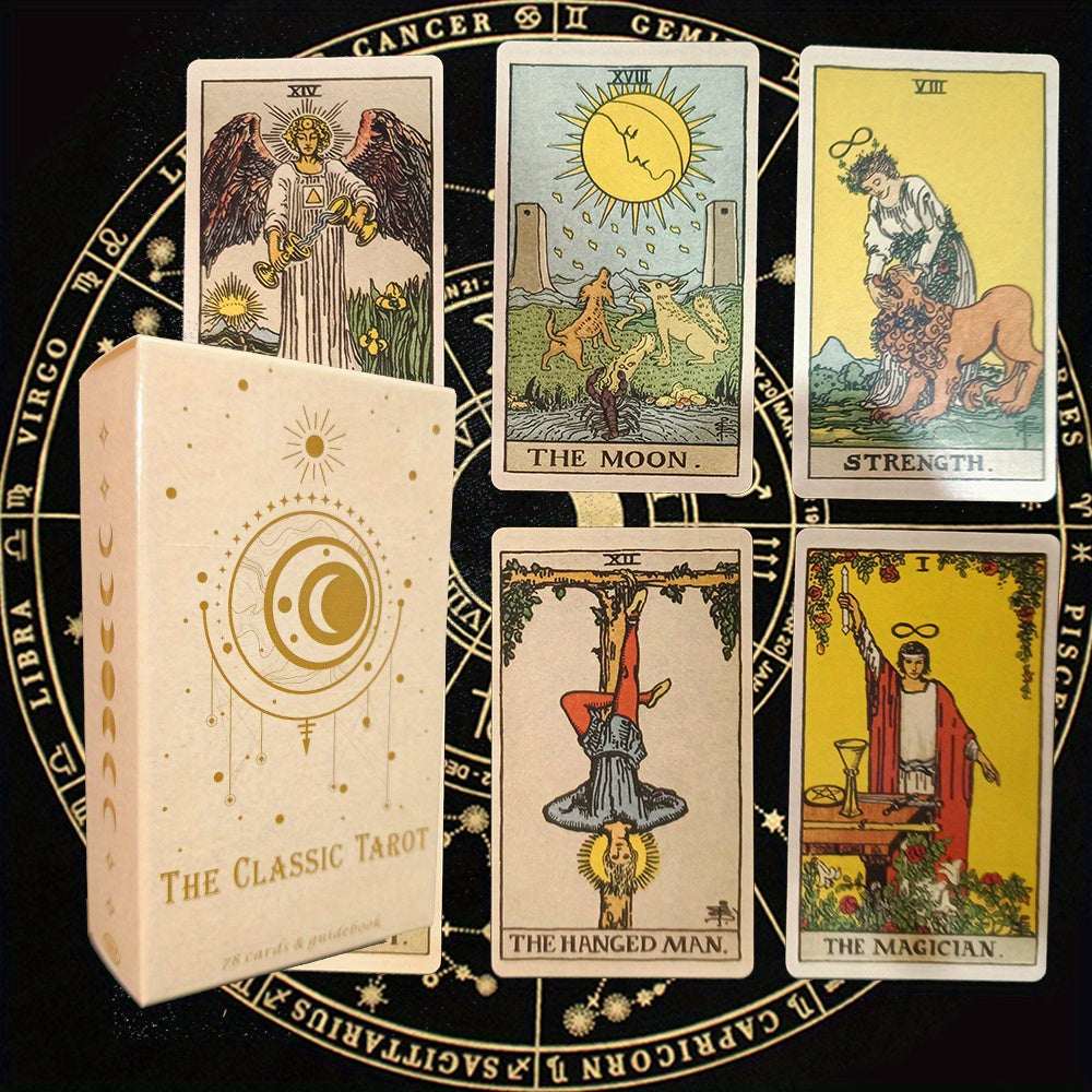 Classic tarot card set box with deck cards showing The Moon, Strength, The Magician