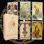 Classic tarot card set box with deck cards, including The Moon, Strength, The Hanged Man, The Magician