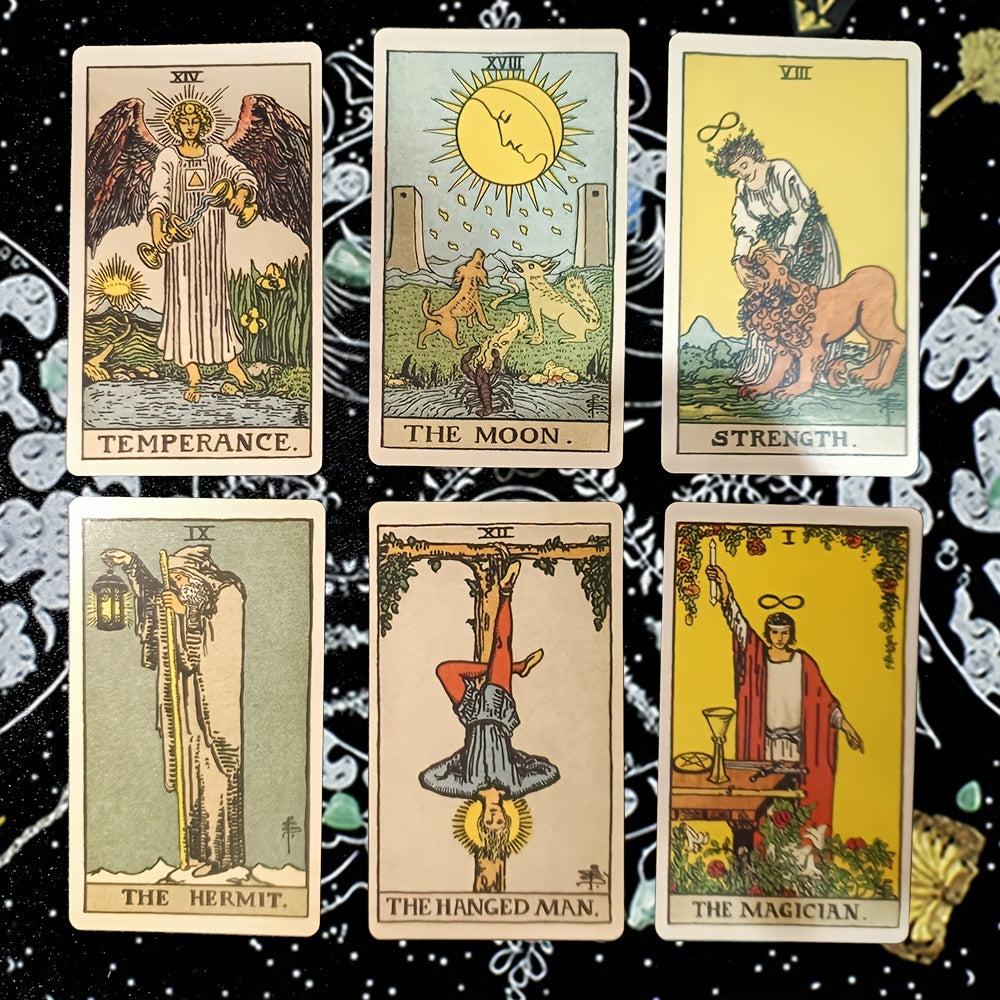 Tarot deck with six cards: Temperance, The Moon, Strength, The Hermit, The Hanged Man, The Magician