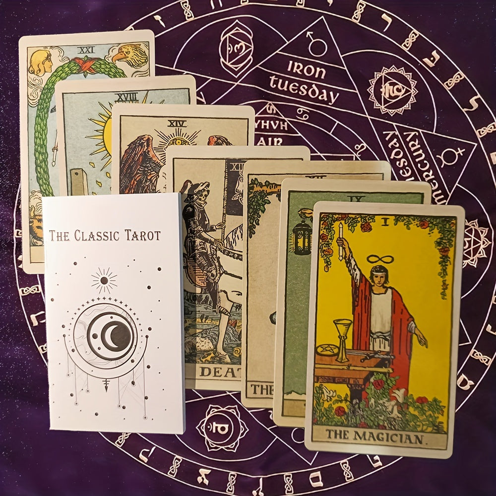 Classic tarot card set with box and cards showing The Magician and The Moon