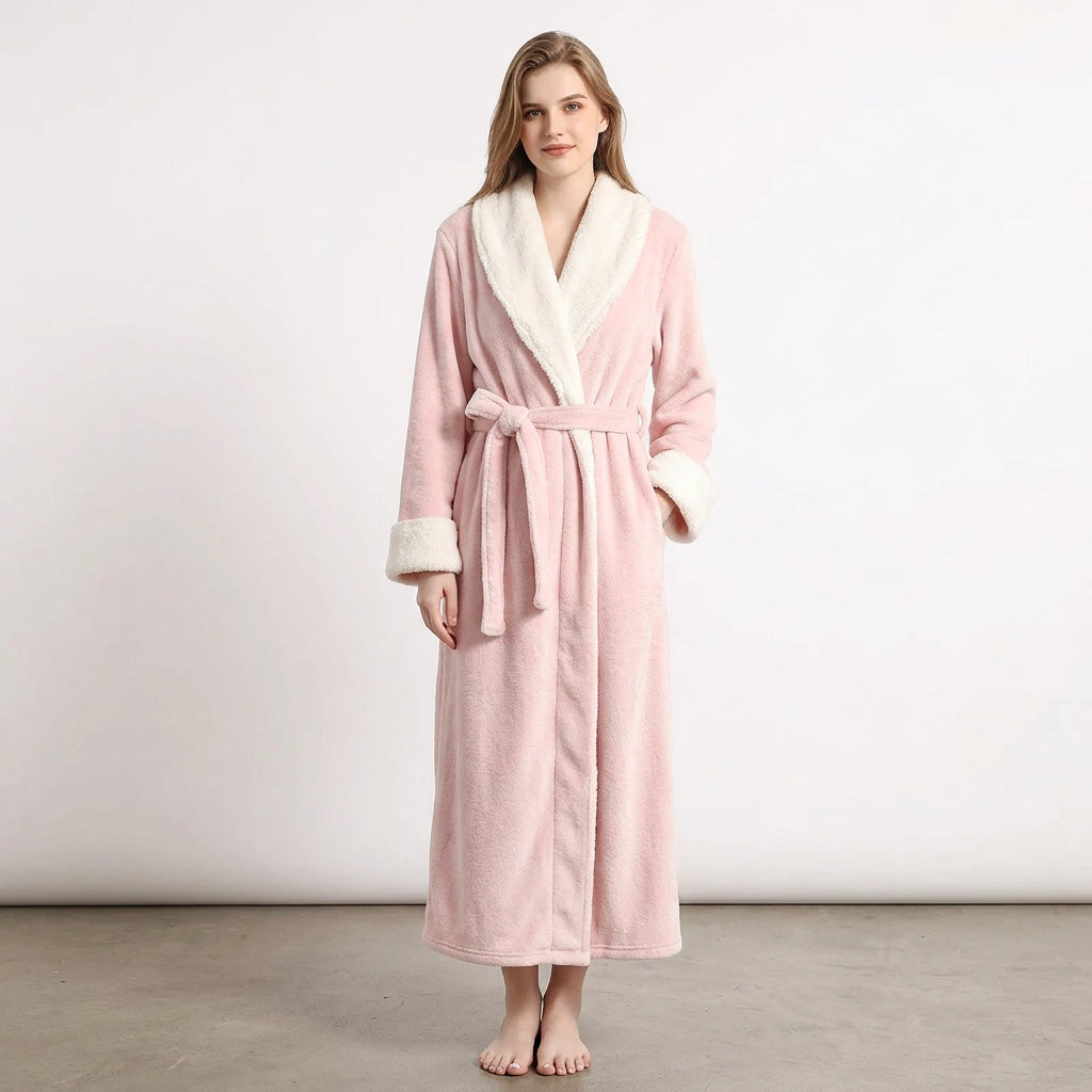 Women’s long plush robe in light pink, tie belt with shawl collar fleece