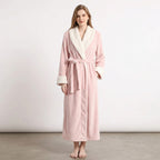 Women’s long plush robe in light pink, tie belt with shawl collar fleece