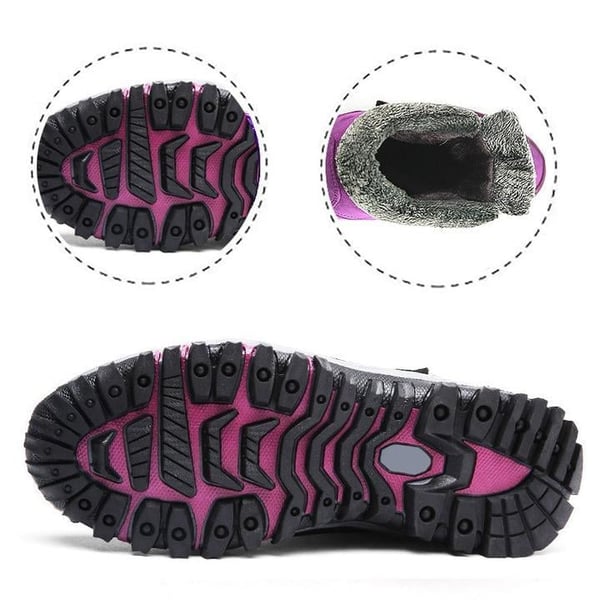 Unisex winter boots outsole detail in purple with deep tread and faux fur opening