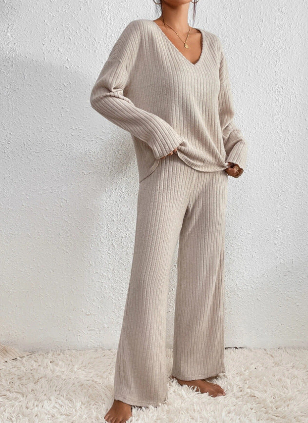 Amélis | Soft Knit Set for Women - V Neck Ribbed Sweater Trousers Relaxed Cosy Two Piece Fit-Loungewear set-Beige-S-Camoufit