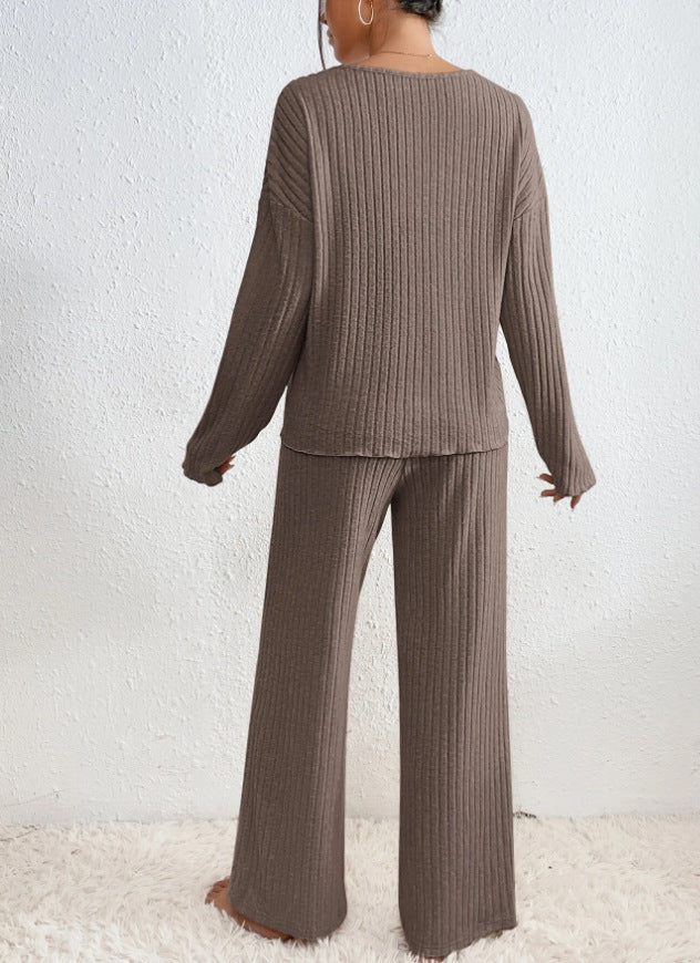Amélis | Soft Knit Set for Women - V Neck Ribbed Sweater Trousers Relaxed Cosy Two Piece Fit-Loungewear set-Beige-S-Camoufit