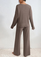 Amélis | Soft Knit Set for Women - V Neck Ribbed Sweater Trousers Relaxed Cosy Two Piece Fit-Loungewear set-Beige-S-Camoufit