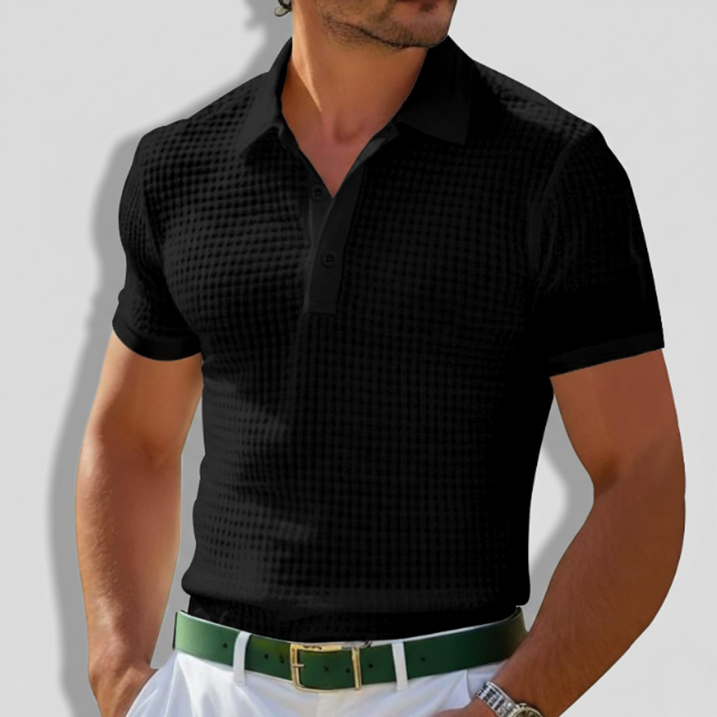 Casaro | Knit Polo Shirt for Men - Waffle Textured Three Button Cotton Regular Summer Fit-Polo Shirt-Black-S-Camoufit