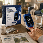 Blue portable health tracker monitor with screen showing readings, near product box