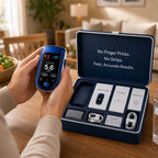 Portable blue health tracker monitor in hand with open storage case and accessories