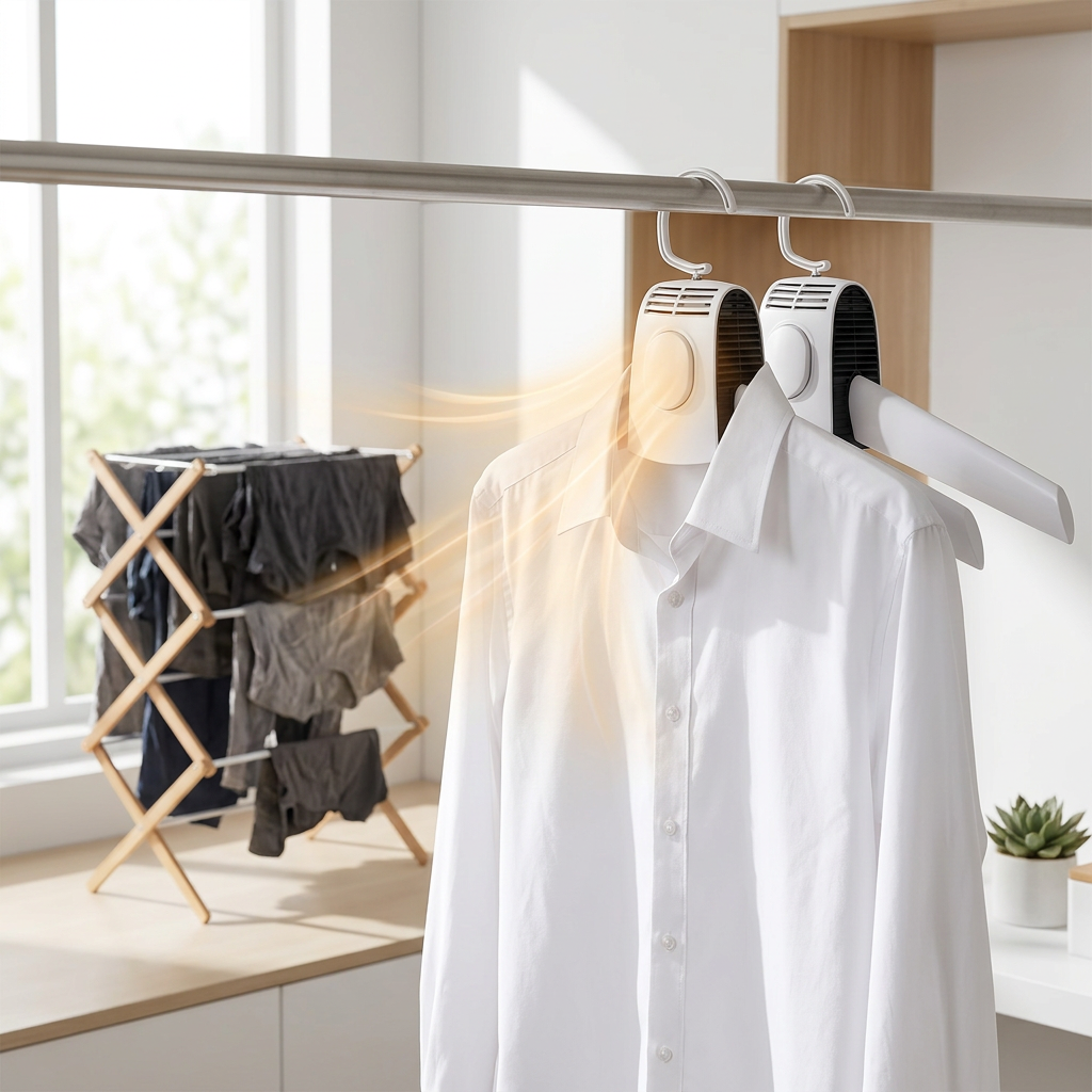 Electric clothes dryer on hanger with warm airflow, drying multiple shirts on rack