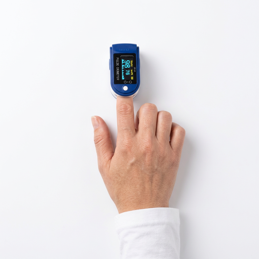 Blue fingertip pulse oximeter worn on a person's finger with LCD screen