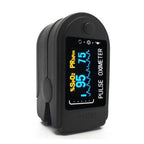 Black fingertip pulse oximeter with LCD screen and side button