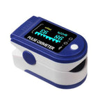 Blue fingertip pulse oximeter showing SpO2 and pulse on LCD screen