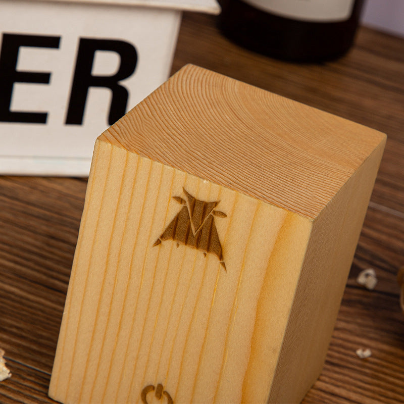 Wood-look LED lamp with visible wood-grain texture and glowing cutout panel