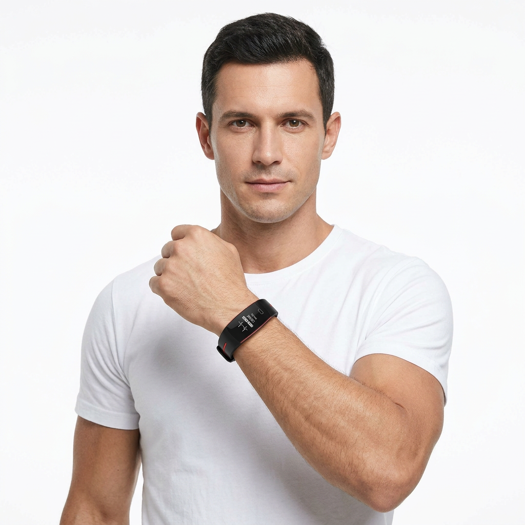 Black fitness tracker with heart rate monitor display on a white background