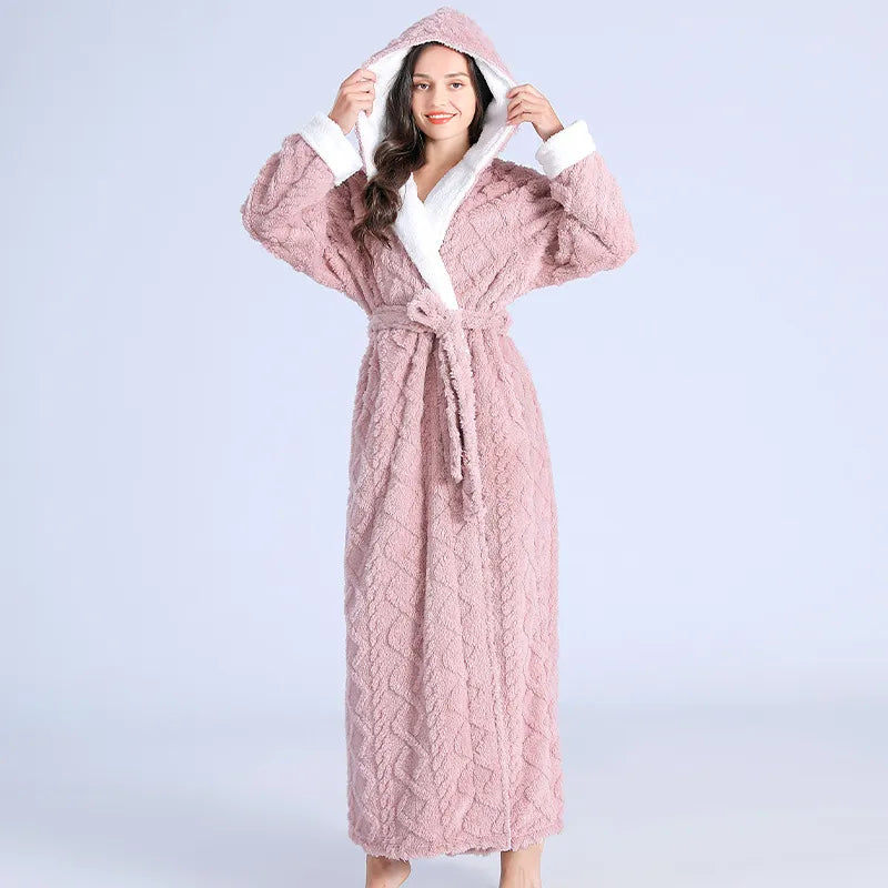 Women's hooded flannel robe, dusty pink, belted wrap with long sleeves and hood