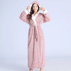 Women's hooded flannel robe, dusty pink, belted wrap with long sleeves and hood