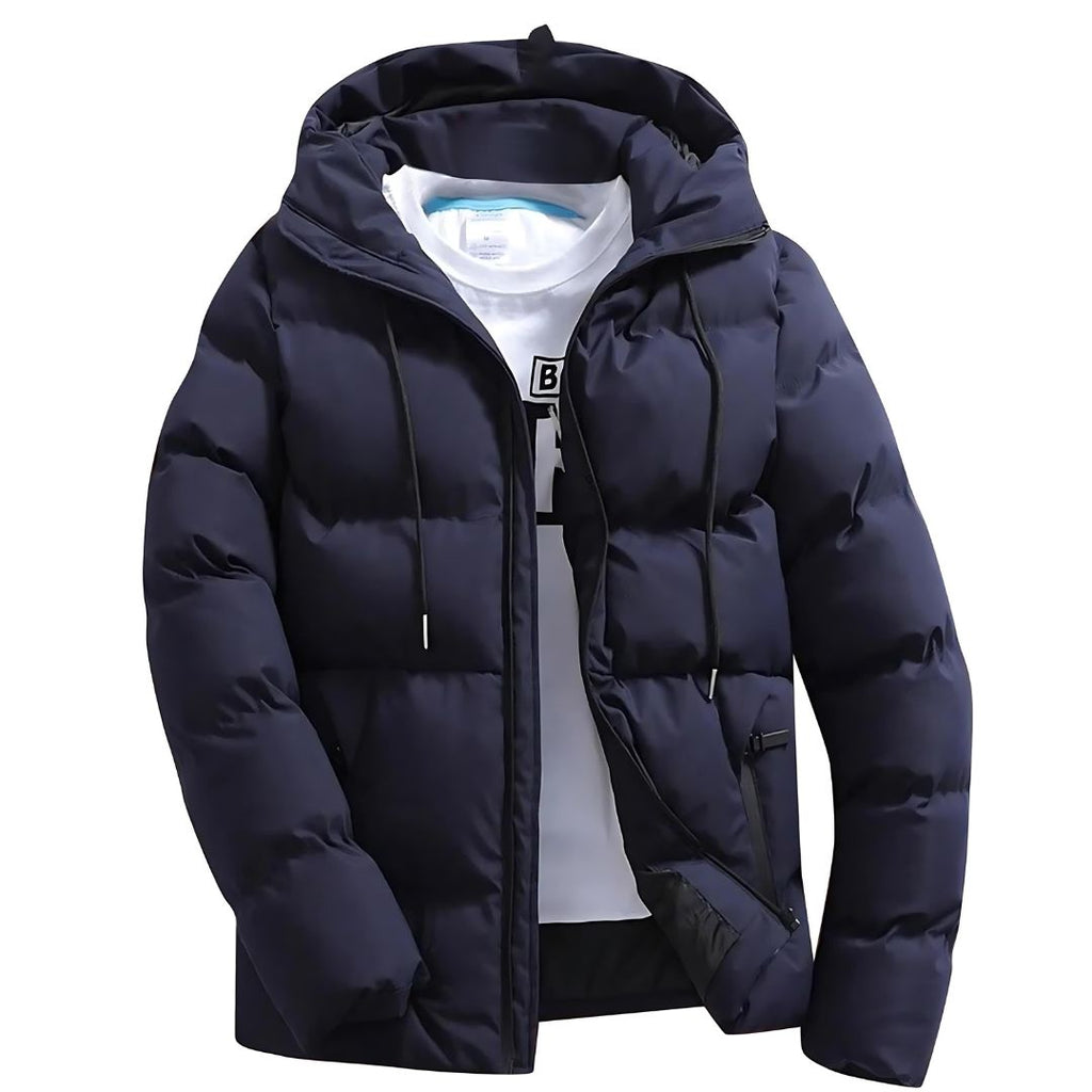 Men's navy puffer winter parka with adjustable hood, full zip front, side pockets