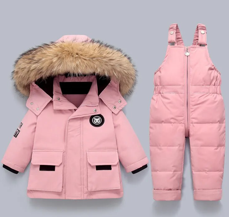 Kids pink quilted snowsuit set with faux-fur hood jacket and bib snow pants