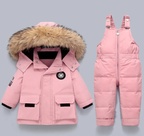Kids pink quilted snowsuit set with faux-fur hood jacket and bib snow pants