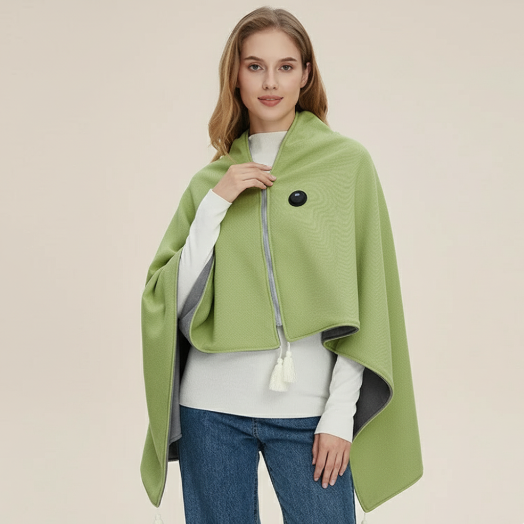 Green USB heated blanket cape with front zipper and round button patch