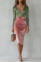 Rovina | Bodycon Midi Dress for Women - Leopard Velvet V Neck Long Sleeve Elegant Flattering Fit-Midi Dresses-Pink-XS-Camoufit