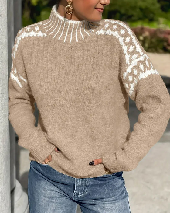 Beige knit pullover with patterned shoulder jacquard and ribbed turtleneck, long sleeves