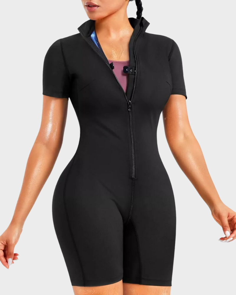 Black full-body shaper sauna jumpsuit with short sleeves and centered front zipper