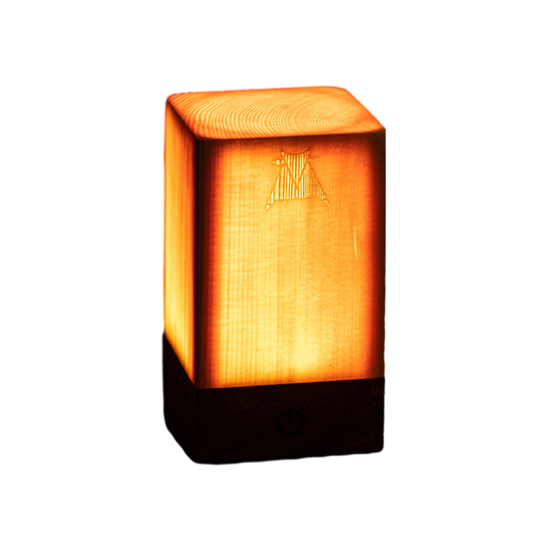Square wood-look LED night light with warm glow through a textured lamp panel