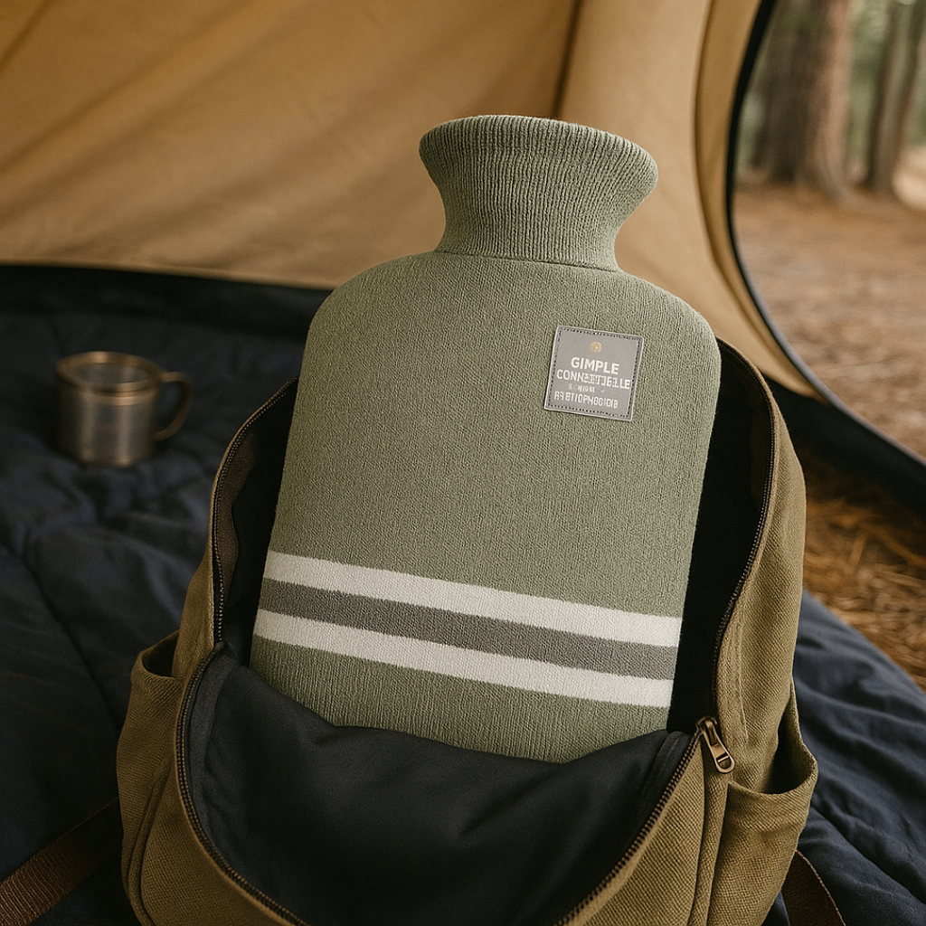 Olive knit hot water bottle cover with striped band and fabric label