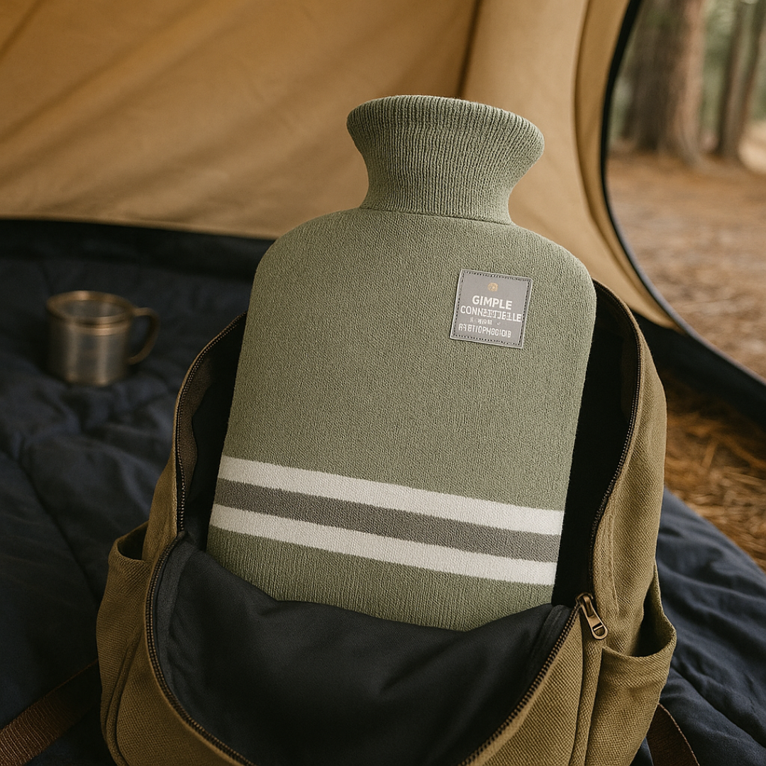 Olive knit hot water bottle cover with striped band and fabric label