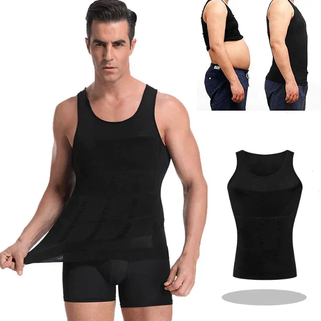 Men's compression tank undershirt, black sleeveless; front view with angled views