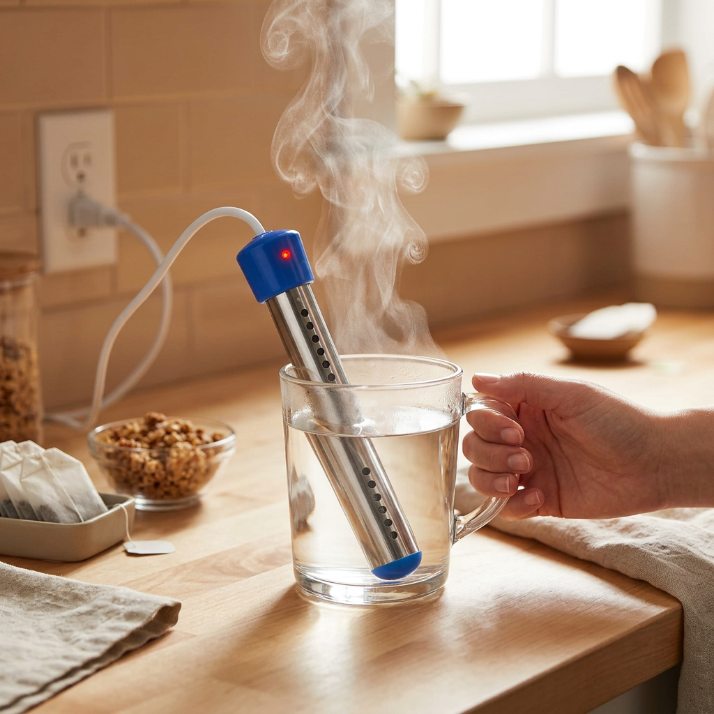 A stainless steel cylindrical underwater heater with blue plastic end caps, a white power cord, and a visible red LED indicator light, shown on a plain white background.