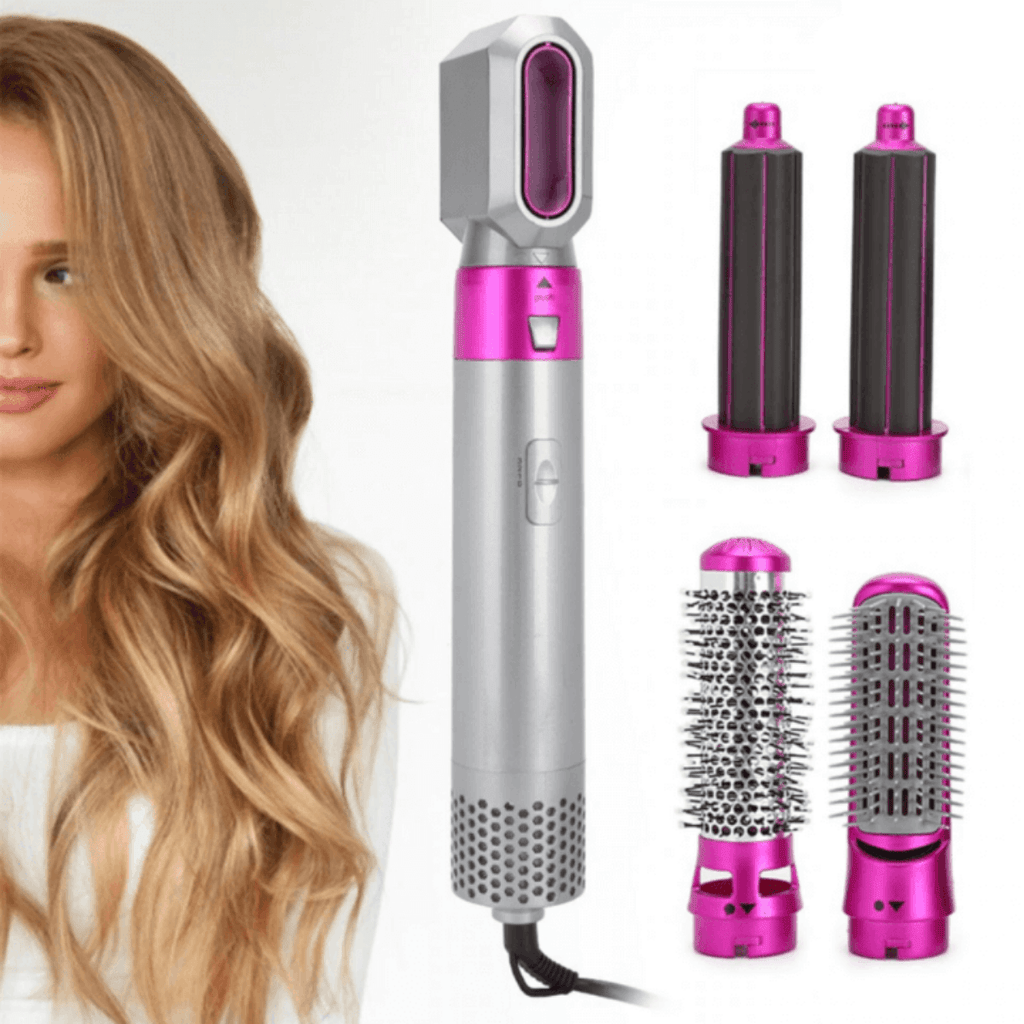 Air styler hair dryer brush with pink and gray barrels and two included round brush attachments