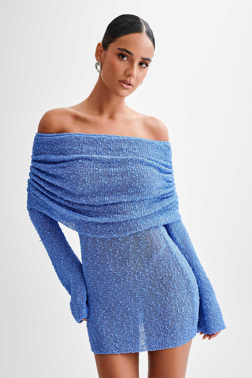 Solenne | Off Shoulder Knit Mini Dress for Women - Fold Over Long Sleeve Regular Fit-Mini Dress-Blue-XS-Camoufit