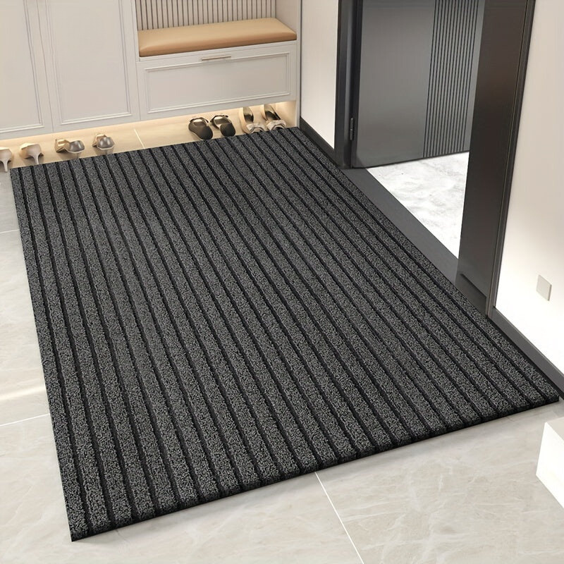 Gray vertical-rib low-profile entry doormat, rectangular mat with dense surface