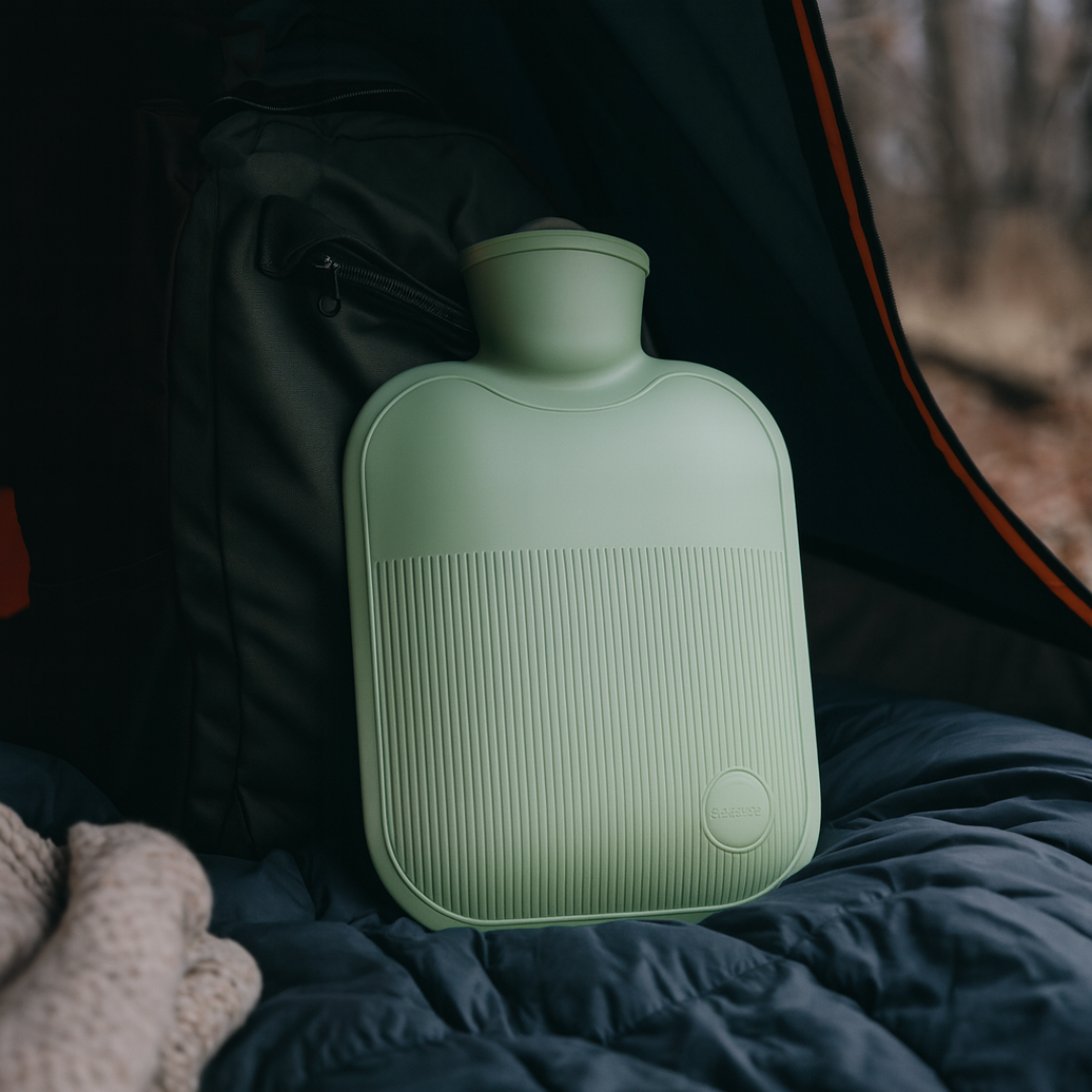 Large green hot water bottle with ribbed design and soft cover, standing on bedding